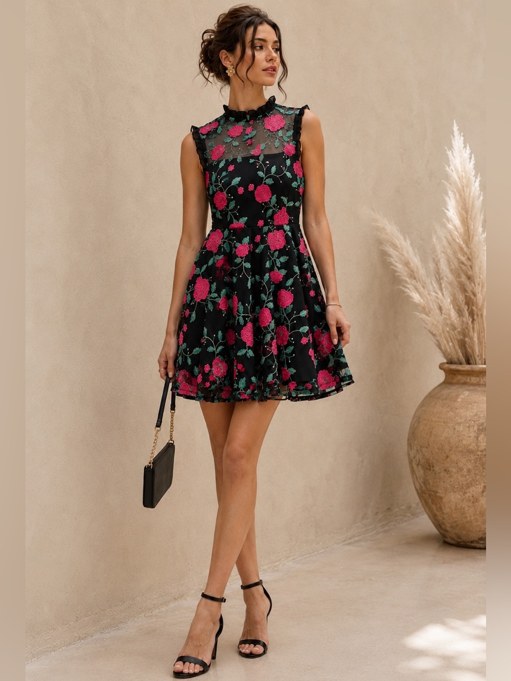 City Studio‎ Red Embroidery Floral Black Dress